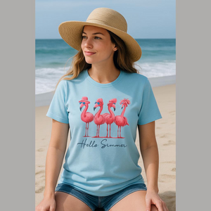 Graphic T-Shirt with Pink Flamingo Print. Size Large. Blue